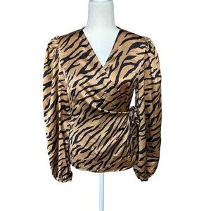 Vici Black Tan Zebra Print Satin Wrap Long Sleeve Side Tie Blouse Size Medium